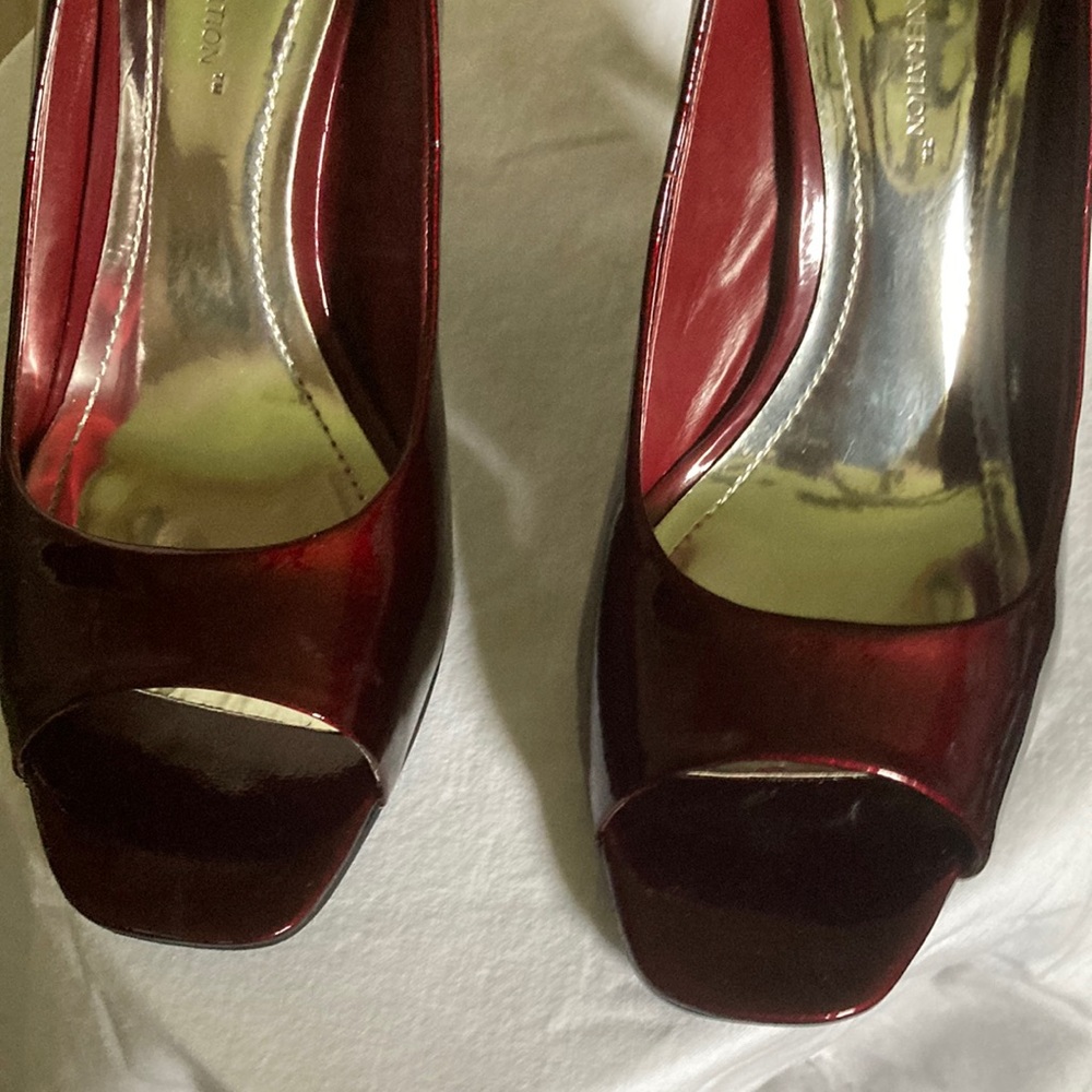BCBG Cranberry Patent Leather open toe Pumps.